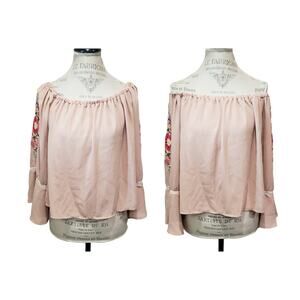 Gianni Bini Pink Sheer Cold Shoulder Embroidered Long Sleeve Blouse Dress Shirt